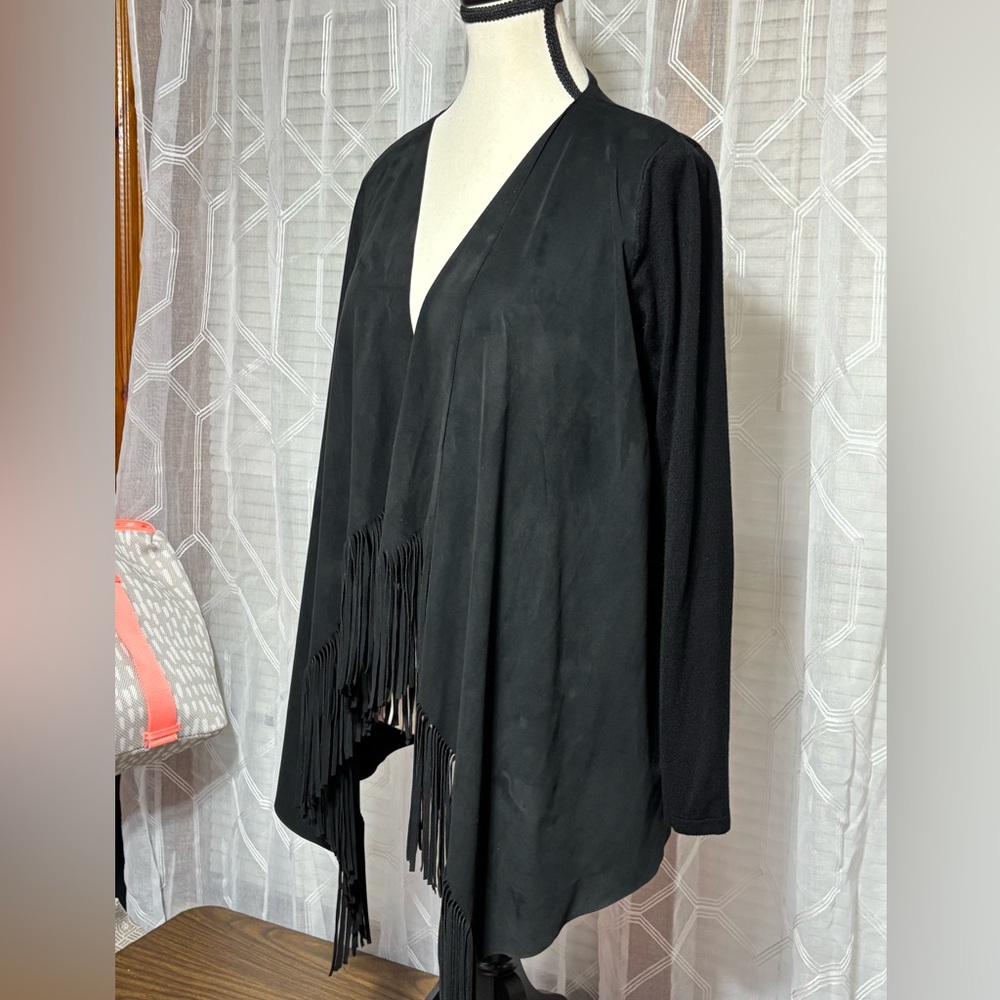 INC International Concepts Black women’s M Faux-mole skin fringe long sleeve